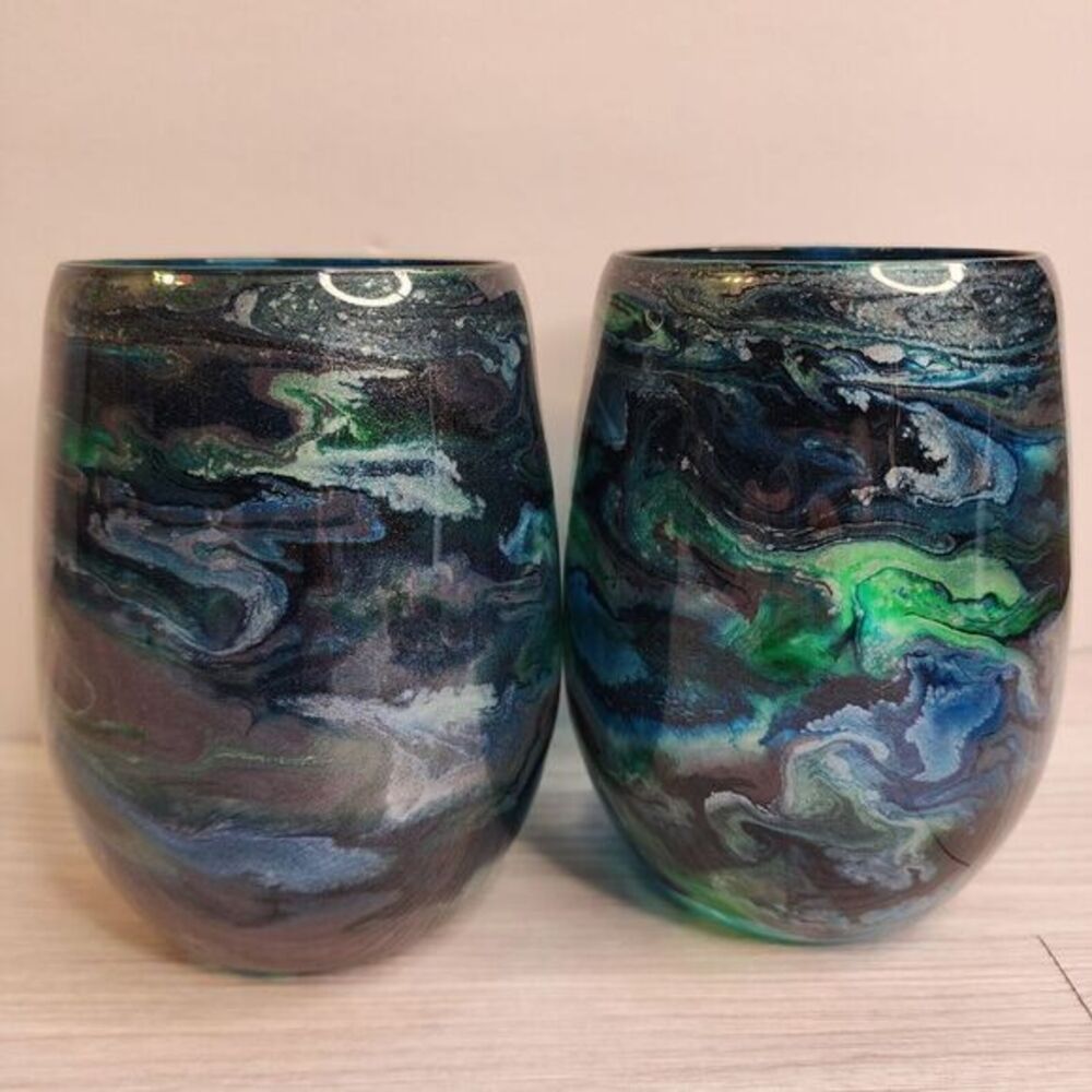 Wine Glasses Stemless‎ Hand Painted Pair Resin Sparkly 20 Oz Party Gift Handmade